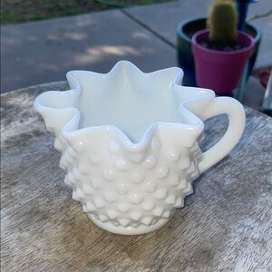 White Hobnail Milk Glass Creamer Pitcher - Elegant Star Rim